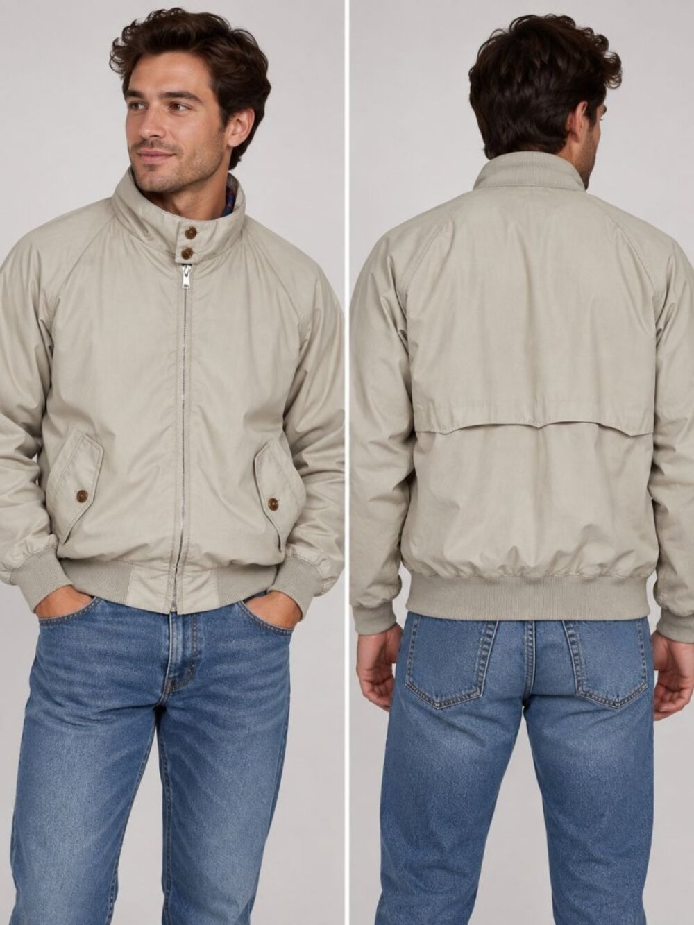 Vintage 80s Lands’ End Beige Bomber Jacket Mens Large Plaid Lined Zip Lightweigh